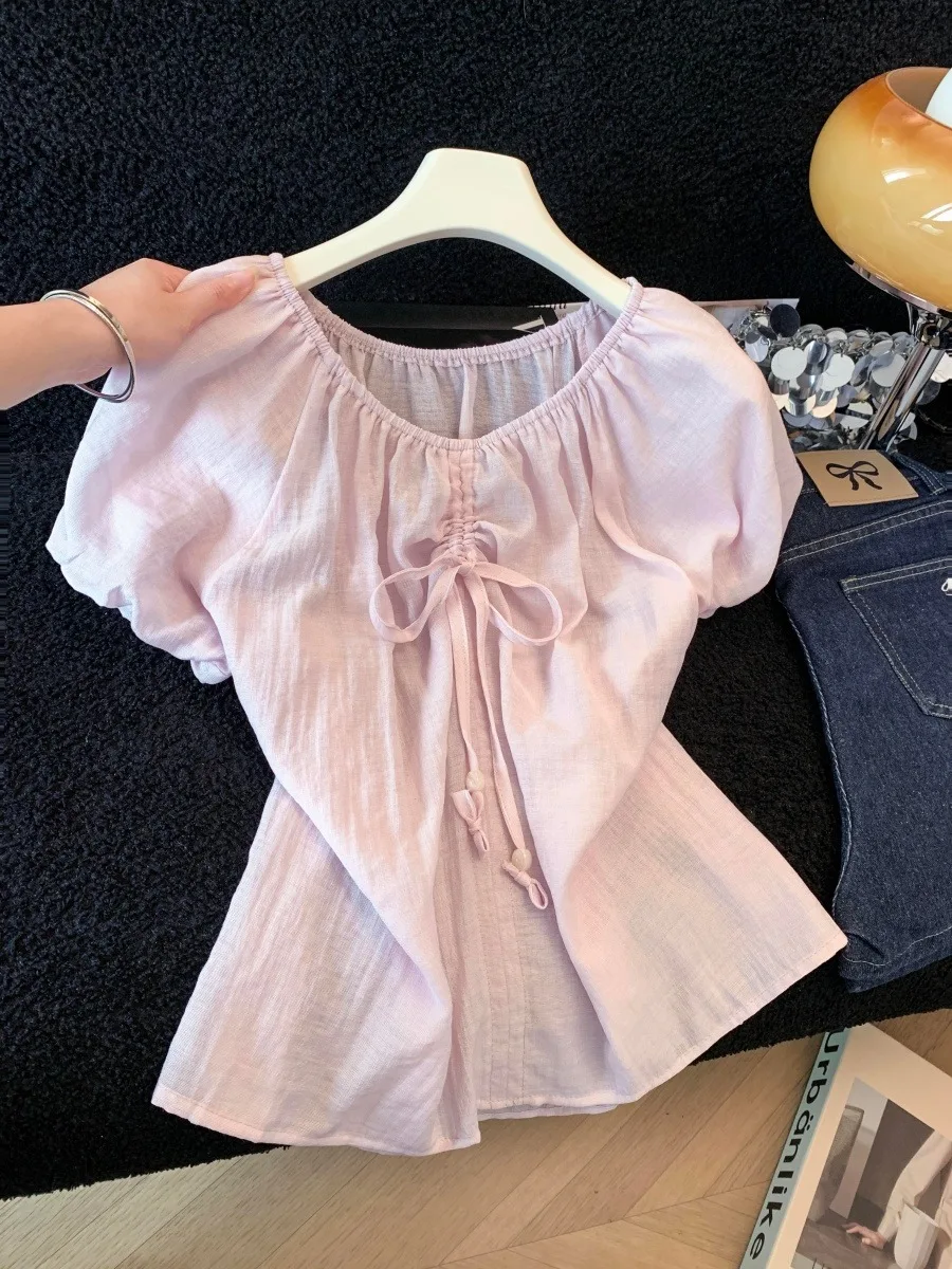 Pink Silk Linen Shirt Short Sleeve Women Summer Thin Doll Loose Top Sweet Style Bubble Sleeve round Neck Pure Color Casual Shirt
Pink Silk Linen Shirt Short Sleeve Women Summer Thin Doll Loose Top Sweet Style Bubble Sleeve round Neck Pure Color Casual Shirt