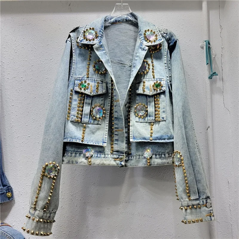 Spring Women Vintage Blue Diamonds Rivet Big Pocket Long Sleeve Denim Jackets Cowboy Outerwear Loose Short Jeans Jacket Female
Spring Women Vintage Blue Diamonds Rivet Big Pocket Long Sleeve Denim Jackets Cowboy Outerwear Loose Short Jeans Jacket Female