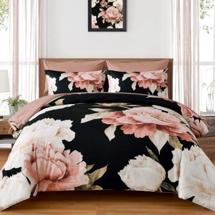 Black Queen Comforter Set 7 Piece Bed in a Bag, Pink Floral Printed on Black Comforter Set with Sheets, Soft Microfiber Botanic
Black Queen Comforter Set 7 Piece Bed in a Bag, Pink Floral Printed on Black Comforter Set with Sheets, Soft Microfiber Botanic