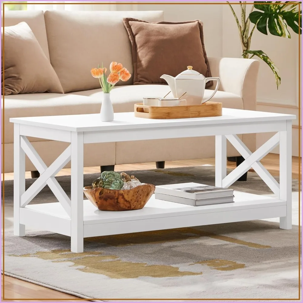 Wood 2-Tier White Coffee Table with Storage Shelf for Living Room, X Design Accent Cocktail Table, 39.5x20x18 Inches
Wood 2-Tier White Coffee Table with Storage Shelf for Living Room, X Design Accent Cocktail Table, 39.5x20x18 Inches