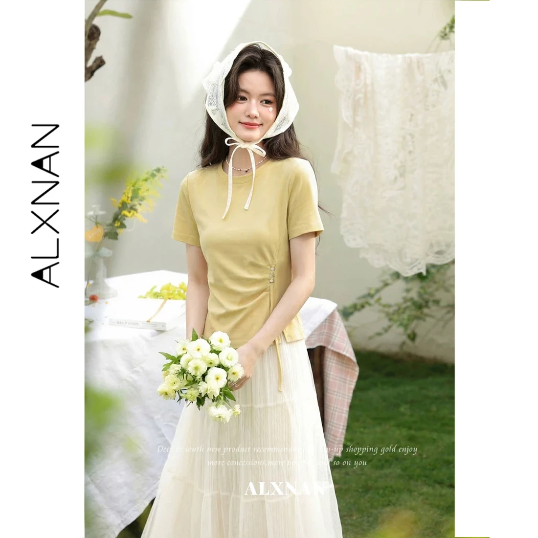 ALXNAN 2026 Yellow T-shirt Crew Neck Waist Pleated Lace Up Button Design Short Sleeve T-shirts Summer Elegant Casual Top L63279A
ALXNAN 2026 Yellow T-shirt Crew Neck Waist Pleated Lace Up Button Design Short Sleeve T-shirts Summer Elegant Casual Top L63279A
