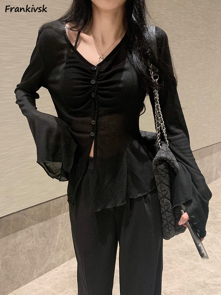 Solid Blouses Women Sexy Sheer Slim Flare Sleeve Elegant Korean Style Hotsweert Thin Summer Retro Fashion All-match Tops V-neck
Solid Blouses Women Sexy Sheer Slim Flare Sleeve Elegant Korean Style Hotsweert Thin Summer Retro Fashion All-match Tops V-neck