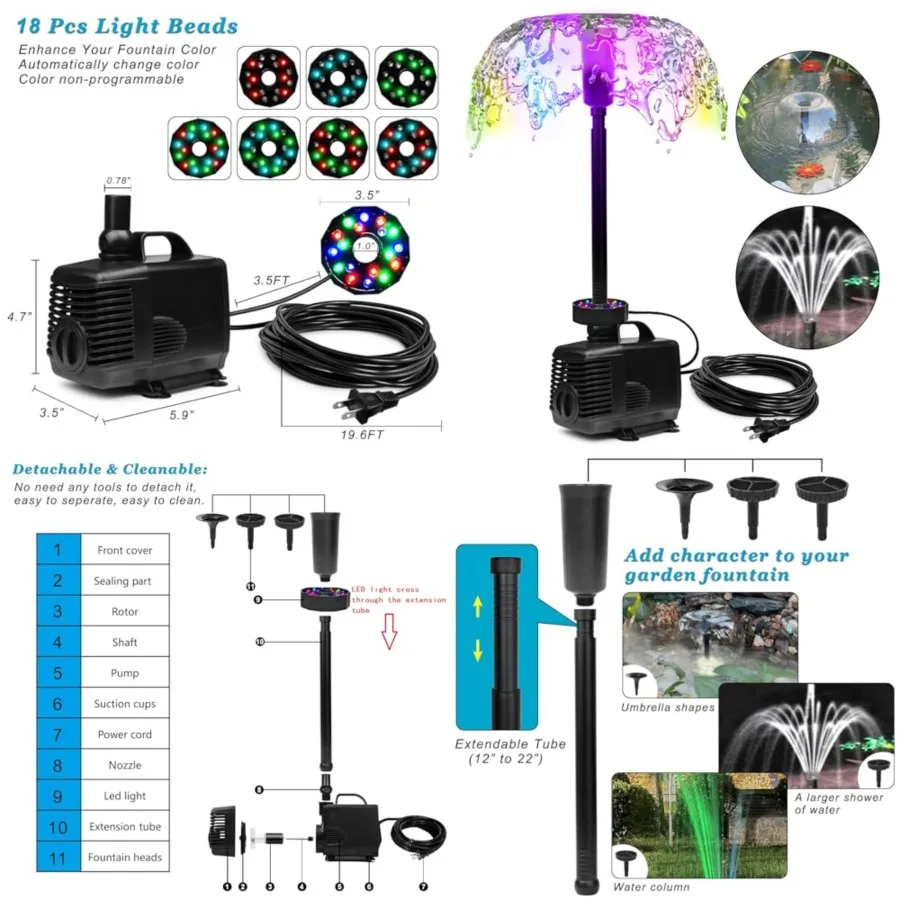 45W 792 GPH LED Pond Pump with Fountain Kit 3000L/H,Submersible Garden Water Fountain Pump, for Waterfall, Hydroponics, Aquariu
45W 792 GPH LED Pond Pump with Fountain Kit 3000L/H,Submersible Garden Water Fountain Pump, for Waterfall, Hydroponics, Aquariu