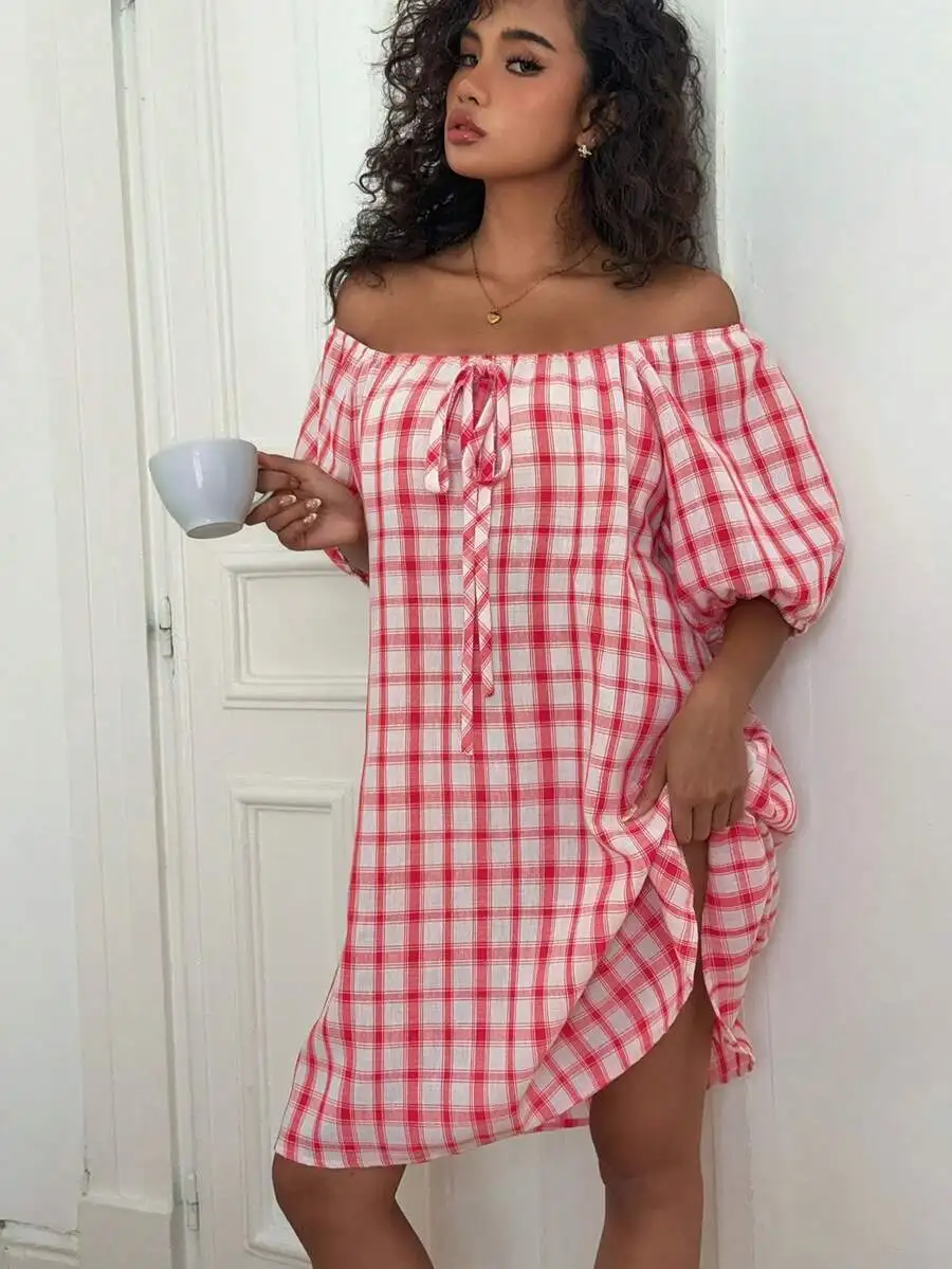 Off Shoulder Plaid Ruched Tie Neck Short Nightgown Women Summer Sleep Top
Off Shoulder Plaid Ruched Tie Neck Short Nightgown Women Summer Sleep Top