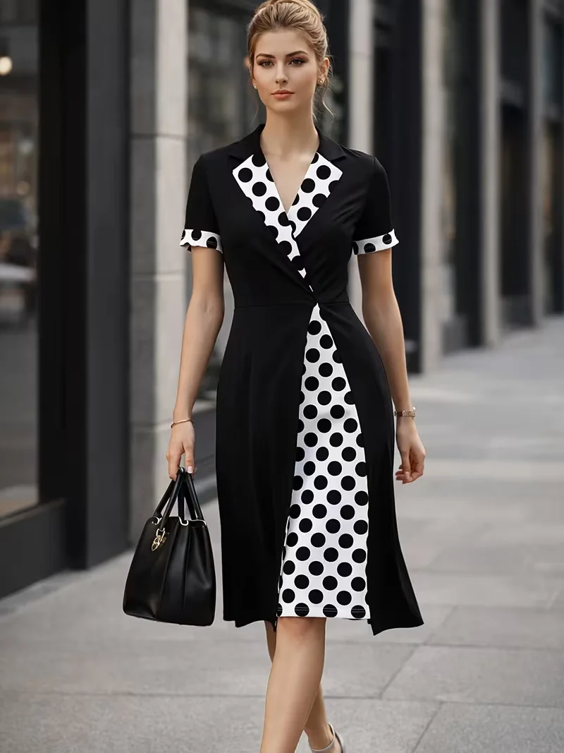 Elegant V-neck Polka Dot Patchwork Dress Summer New Style Wrap-Around Design for Ladies Crossed Design Ladies' Dress
Elegant V-neck Polka Dot Patchwork Dress Summer New Style Wrap-Around Design for Ladies Crossed Design Ladies' Dress