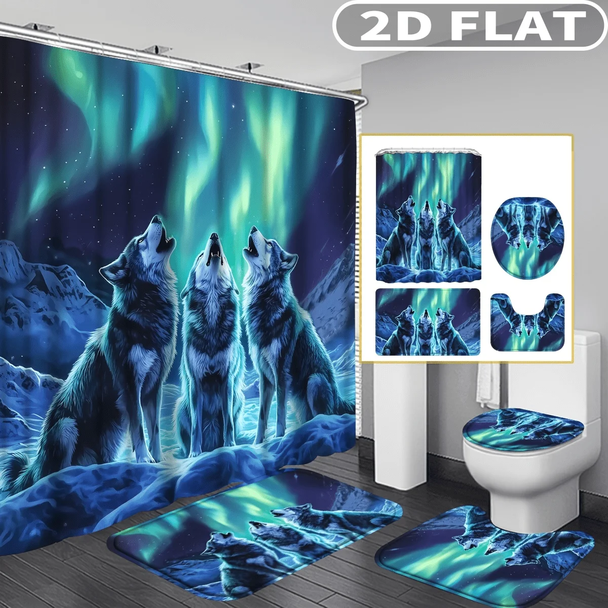 4pcs 2D FLAT Wolf Howling Aurora Night Pattern Shower Curtain Set, with 3pc Bath Mat and 1pc Curtains Perfect for Home Decor
4pcs 2D FLAT Wolf Howling Aurora Night Pattern Shower Curtain Set, with 3pc Bath Mat and 1pc Curtains Perfect for Home Decor