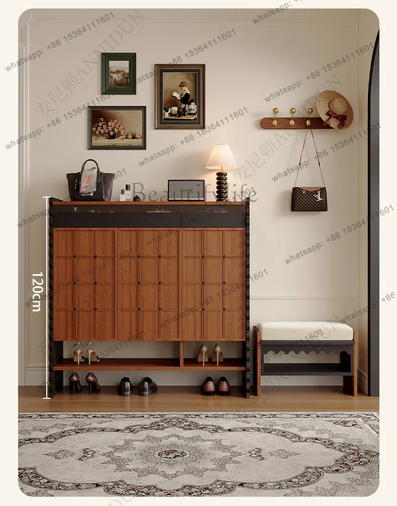 French retro checkerboard shoe cabinet against the wall, integrated entry locker at the entrance of the home
French retro checkerboard shoe cabinet against the wall, integrated entry locker at the entrance of the home