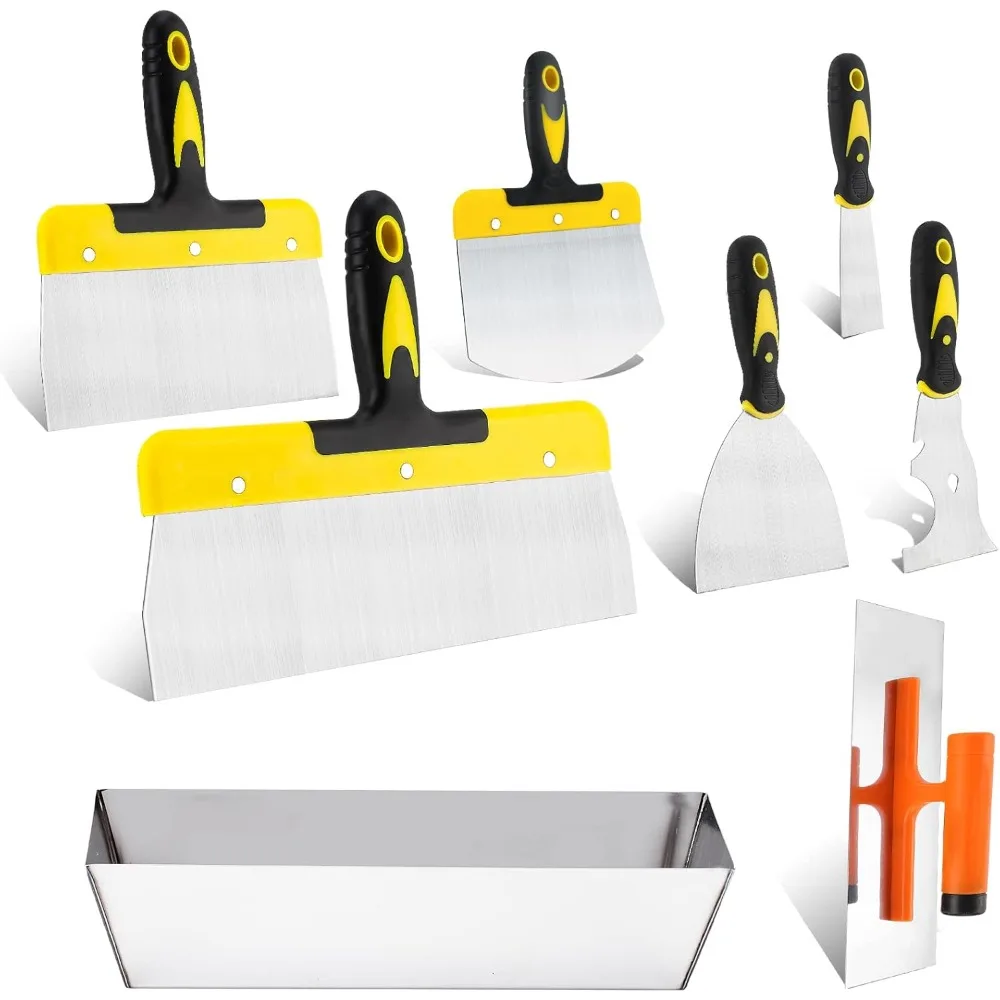 Drywall Knife Set 8 Pieces Stainless Steel Taping Knives Putty Knives Finishing Trowel Mud Scoop and Mud Pan with Ergonomic
Drywall Knife Set 8 Pieces Stainless Steel Taping Knives Putty Knives Finishing Trowel Mud Scoop and Mud Pan with Ergonomic