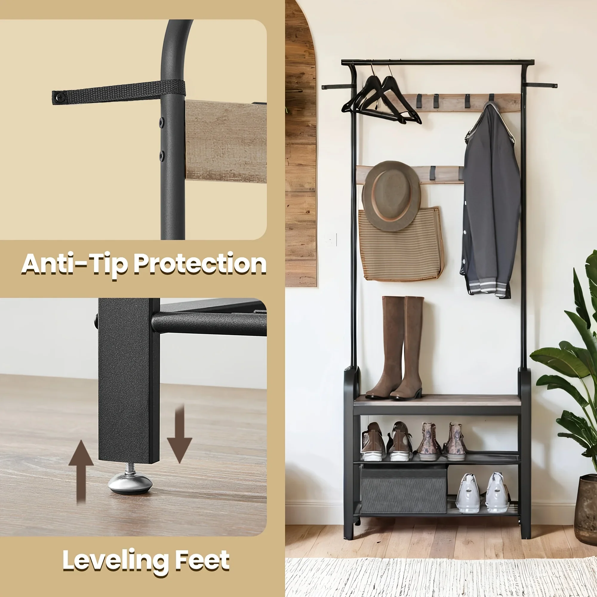 Coat Rack, Hall Tree with Shoe Bench for Entryway, Entryway Bench with Coat Rack, 4-in-1, with 9 Removable Hooks, A Hanging Rod
Coat Rack, Hall Tree with Shoe Bench for Entryway, Entryway Bench with Coat Rack, 4-in-1, with 9 Removable Hooks, A Hanging Rod