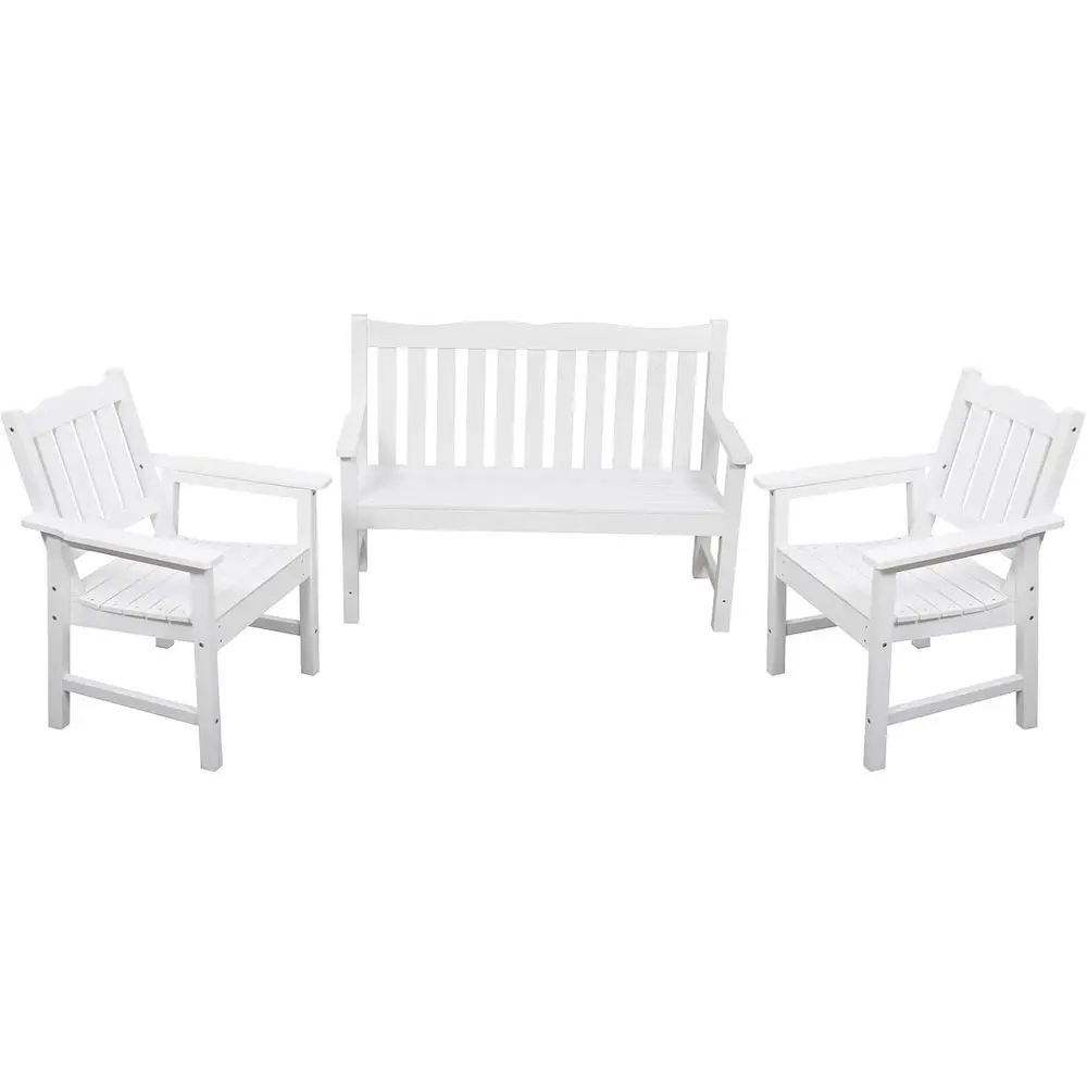 All-Weather 3-Piece Patio Furniture Set: 2 Chairs & 1 Bench, White
All-Weather 3-Piece Patio Furniture Set: 2 Chairs & 1 Bench, White