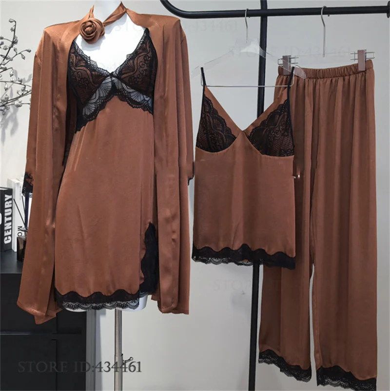 Spring Autumn New Female Bath Robe Pajamas Set Loungewear Elegant French Style Lace Nightgown Pijamas Suit Loose Satin Homewear
Spring Autumn New Female Bath Robe Pajamas Set Loungewear Elegant French Style Lace Nightgown Pijamas Suit Loose Satin Homewear
