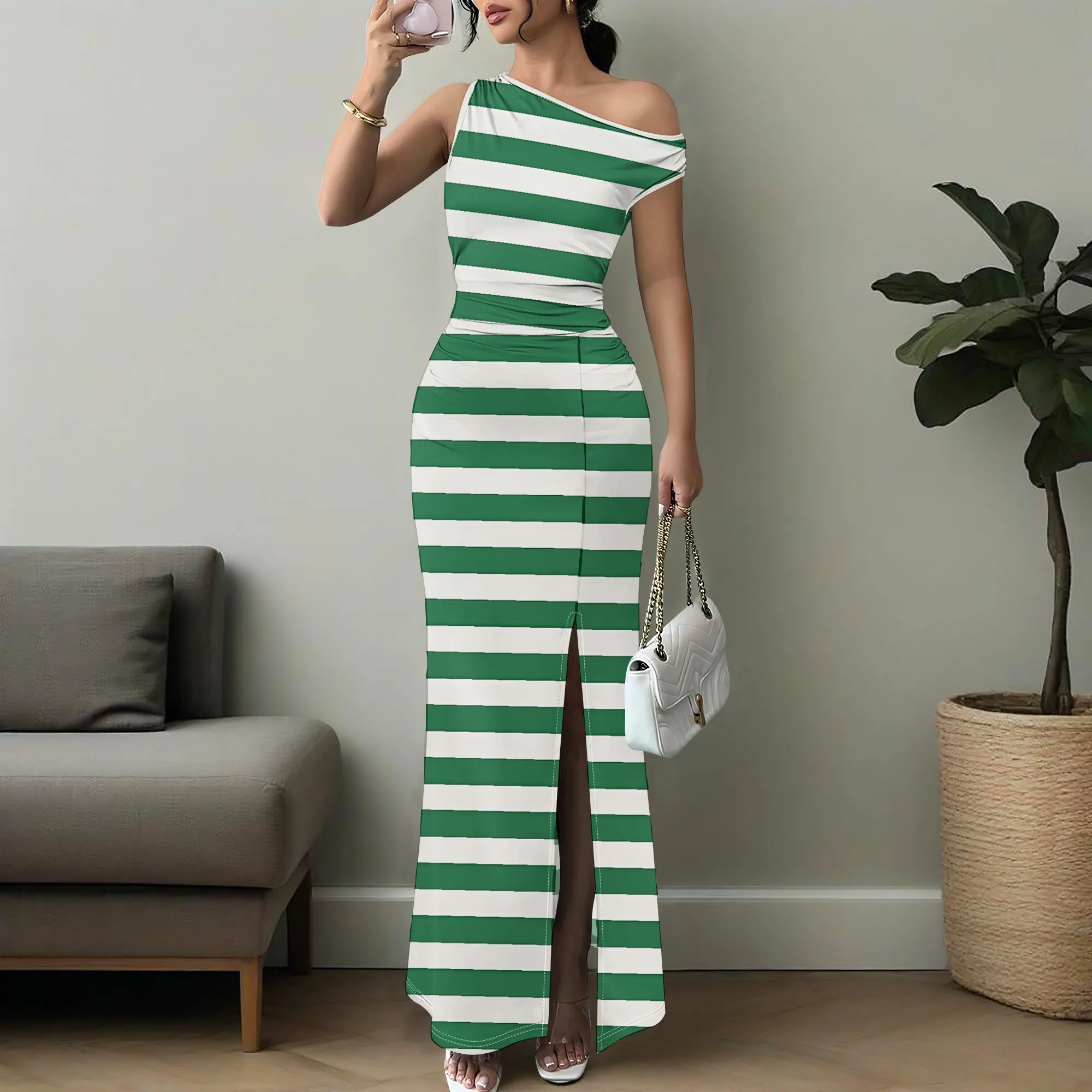 Women's One Shoulder Striped Maxi Dress 2025 Summer Sexy Split Bodycon Beach Party Dress Green White XS-3XL
Women's One Shoulder Striped Maxi Dress 2025 Summer Sexy Split Bodycon Beach Party Dress Green White XS-3XL