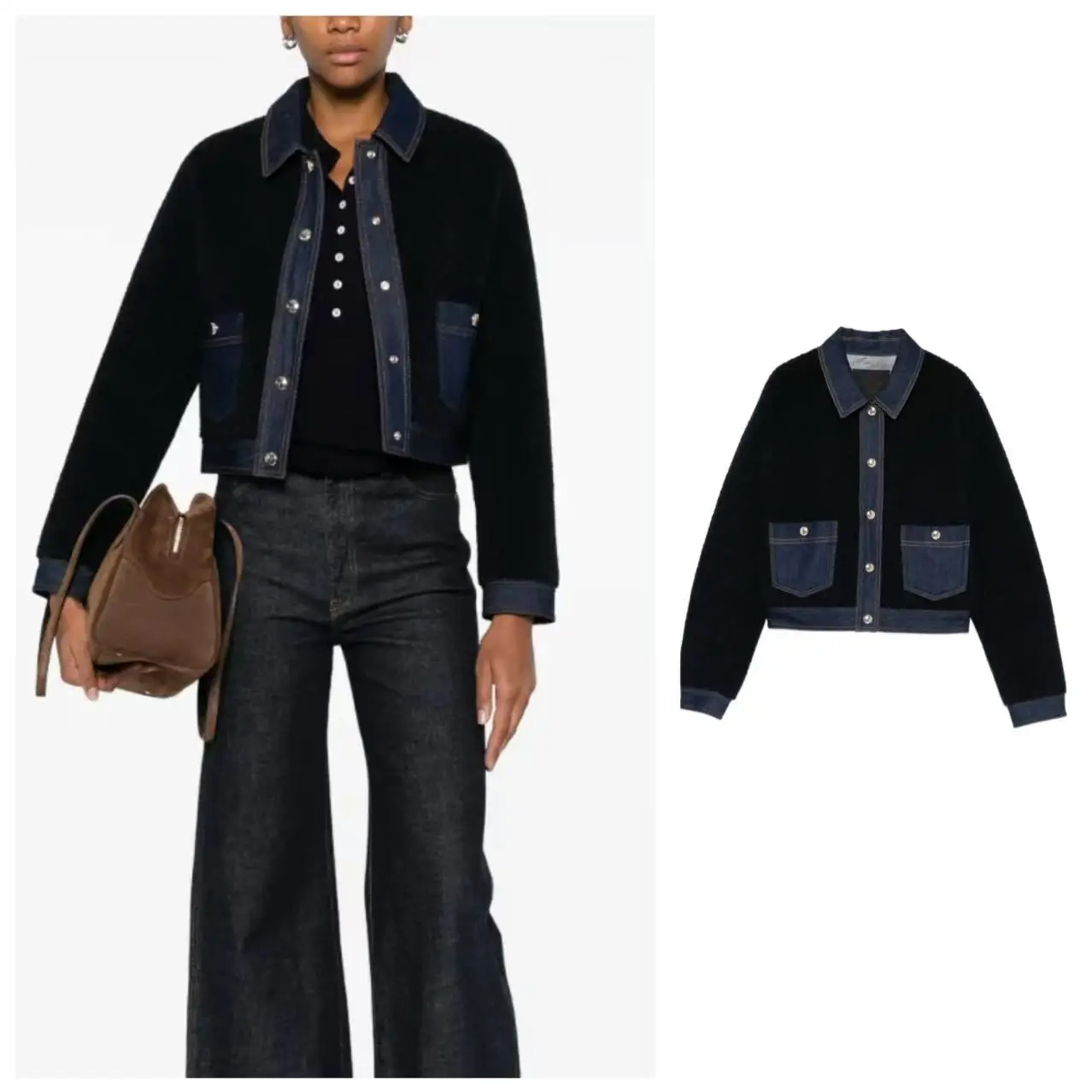 Fashionable Fleece Denim Patchwork Short Jacket Women's Outerwear Spring Baggy round Neck Button Closure Warm Casual Coat
Fashionable Fleece Denim Patchwork Short Jacket Women's Outerwear Spring Baggy round Neck Button Closure Warm Casual Coat