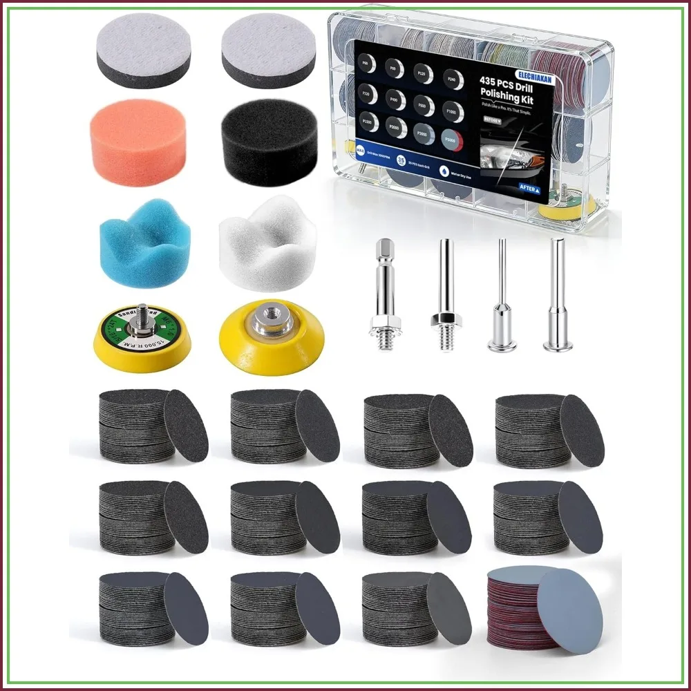435 PCS 2 Inch Wet Dry Sanding Discs, Drill Polishing Kit 60-5000 Grit Hook and Loop Sandpaper for Dremel, Headlight Restoration with Buffing Pad for Auto Wood Metal Resin
435 PCS 2 Inch Wet Dry Sanding Discs, Drill Polishing Kit 60-5000 Grit Hook and Loop Sandpaper for Dremel, Headlight Restoration with Buffing Pad for Auto Wood Metal Resin