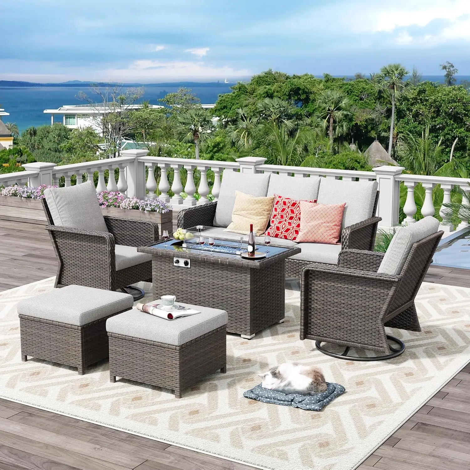 6 Peices Outdoor Patio Furniture Set with 44" Gas Fire Pit Table, PE Wicker Swivel Rocking Chairs Conversation Sets
6 Peices Outdoor Patio Furniture Set with 44" Gas Fire Pit Table, PE Wicker Swivel Rocking Chairs Conversation Sets