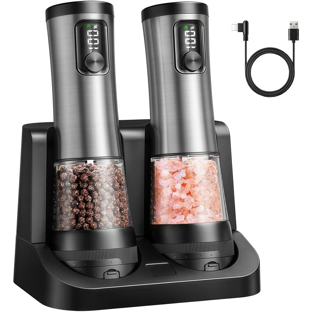 Electric Automatic Pepper Salt Grinder Set with Rechargeable Base LED Electricity Indicator Adjustable Coarseness for Kitchen
Electric Automatic Pepper Salt Grinder Set with Rechargeable Base LED Electricity Indicator Adjustable Coarseness for Kitchen