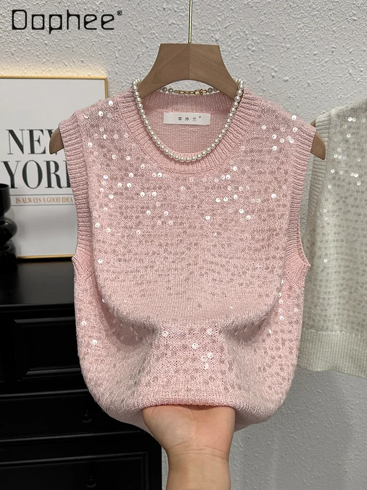 Korean Sweet Knitted Vest Sequined Women Round Collar Sleeveless Sweater Tank Top Loose Autumn Spring Fashion Outwear
Korean Sweet Knitted Vest Sequined Women Round Collar Sleeveless Sweater Tank Top Loose Autumn Spring Fashion Outwear