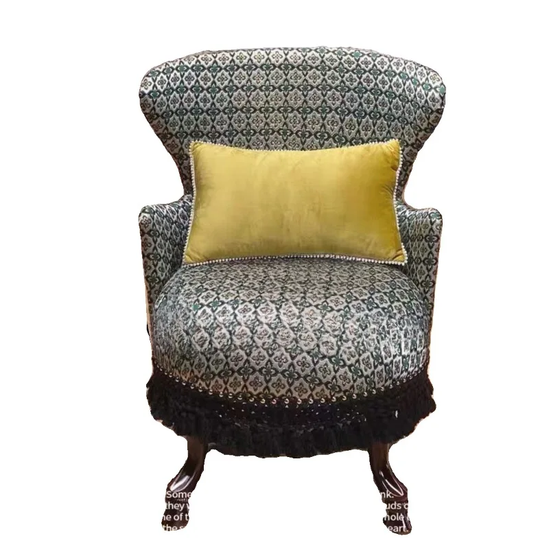 Retro green gold silk jacquard fabric single sofa chair French fringed high back armchair designer decorative chair
Retro green gold silk jacquard fabric single sofa chair French fringed high back armchair designer decorative chair
