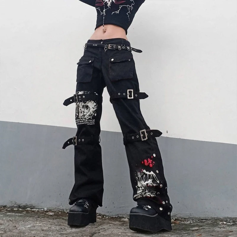 Джинсы Goth в стиле Харадзюку, штаны-карго с высокой талией, с металлической пряжкой, с принтом в стиле хип-хоп, широкие Мешковатые Свободные брюки из денима
Джинсы Goth в стиле Харадзюку, штаны-карго с высокой талией, с металлической пряжкой, с принтом в стиле хип-хоп, широкие Мешковатые Свободные брюки из денима