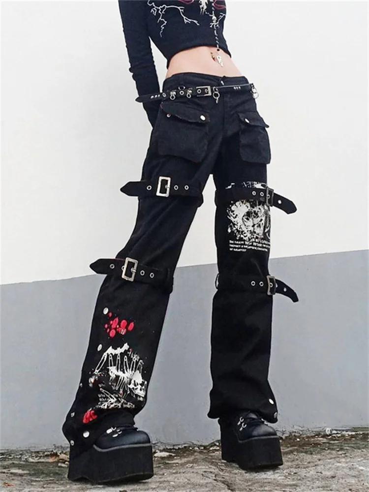 Women Gothic Cargo Pants Loose Low Waist Trousers Wide Leg Baggy Jeans Harajuku Buckle Pockets Long Pants Streetwear
Women Gothic Cargo Pants Loose Low Waist Trousers Wide Leg Baggy Jeans Harajuku Buckle Pockets Long Pants Streetwear
