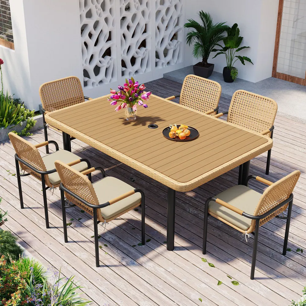 7 Pieces Patio Dining Set, Outdoor Wicker Furniture Set, Plastic-wood Table Top with Umbrella Hole, Rattan Dining set
7 Pieces Patio Dining Set, Outdoor Wicker Furniture Set, Plastic-wood Table Top with Umbrella Hole, Rattan Dining set