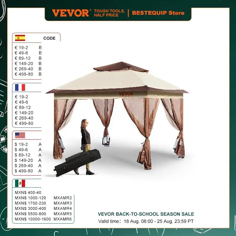VEVOR 11x11ft/10x10ft/10x13ft Portable Gazebo PU Coated 250D Garden Market Waterproof Collapsible Canopy Party Tent for Outdoor
VEVOR 11x11ft/10x10ft/10x13ft Portable Gazebo PU Coated 250D Garden Market Waterproof Collapsible Canopy Party Tent for Outdoor