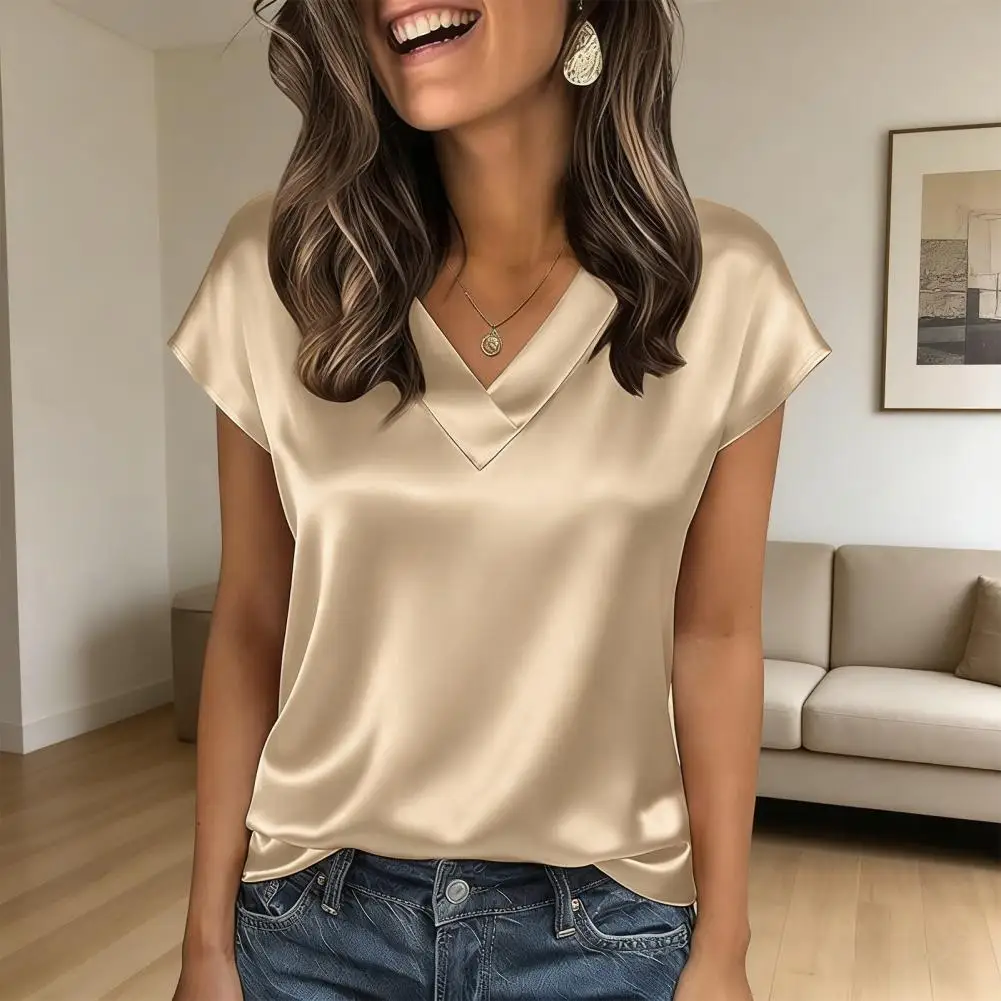 Spring And Summer Women's Satin T-shirt European And American Women's Solid Color Business V-neck Casual Pullover Women Blouse
Spring And Summer Women's Satin T-shirt European And American Women's Solid Color Business V-neck Casual Pullover Women Blouse