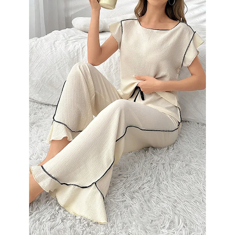 Sweet Color Block Women's Sleepwear Summer New Loose Comfortable Short Sleeve Long Pants Home Clothes Set High-End Feeling
Sweet Color Block Women's Sleepwear Summer New Loose Comfortable Short Sleeve Long Pants Home Clothes Set High-End Feeling
