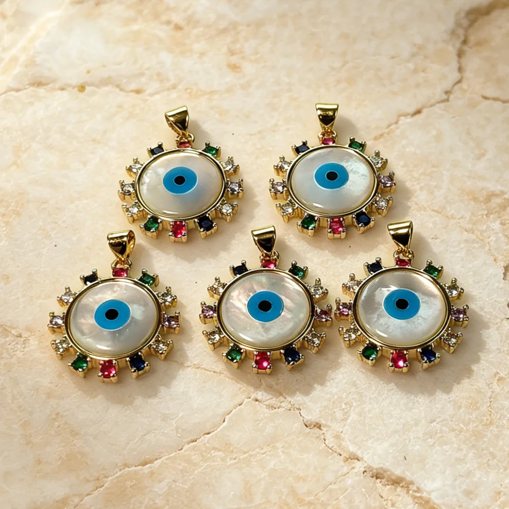 Evil Eye Round Charms Golden Plated Natural Mother of Pearl Pave Multi Color CZ Bulk DIY Craft Parts P2D664
Evil Eye Round Charms Golden Plated Natural Mother of Pearl Pave Multi Color CZ Bulk DIY Craft Parts P2D664