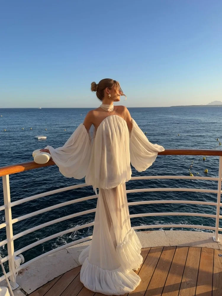 Trendy White Chiffon Off-shoulder Halter Maxi Dress Suit Chic Sheer Mesh Long Sleeve Flowy Vestidos 2026 New Formal Evening Gown
Trendy White Chiffon Off-shoulder Halter Maxi Dress Suit Chic Sheer Mesh Long Sleeve Flowy Vestidos 2026 New Formal Evening Gown
