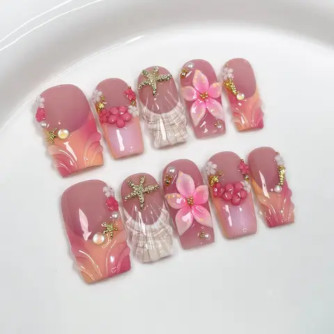 10Pcs 3D Green Flower Handmade Press on Nails French Fake Nails Wearable Stick-on Nails False Nail Uñas Накладные Ногти 네일팁