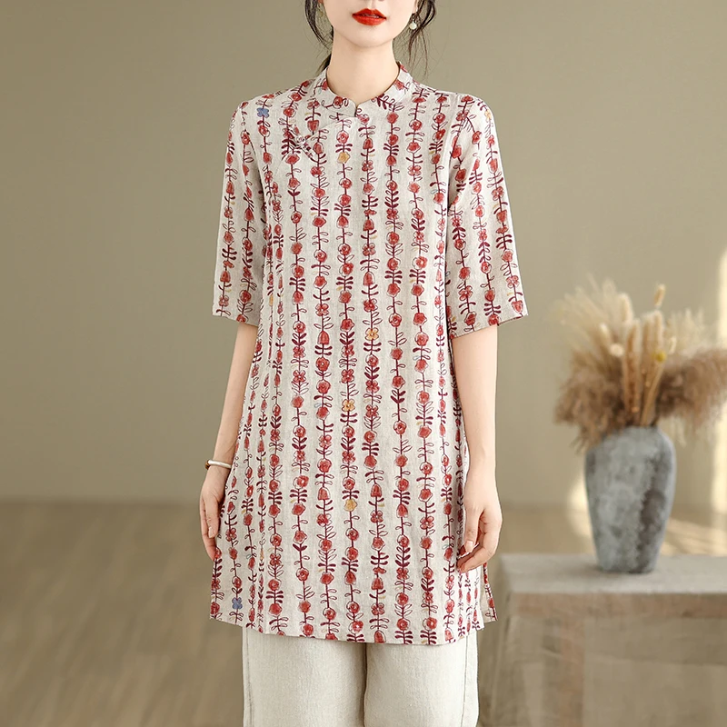 Casual Cotton Floral Print irt Women's Straight Tube Svel T-irt Commute Sle Summer Thin Material Stand Collar 
Casual Cotton Floral Print irt Women's Straight Tube Svel T-irt Commute Sle Summer Thin Material Stand Collar