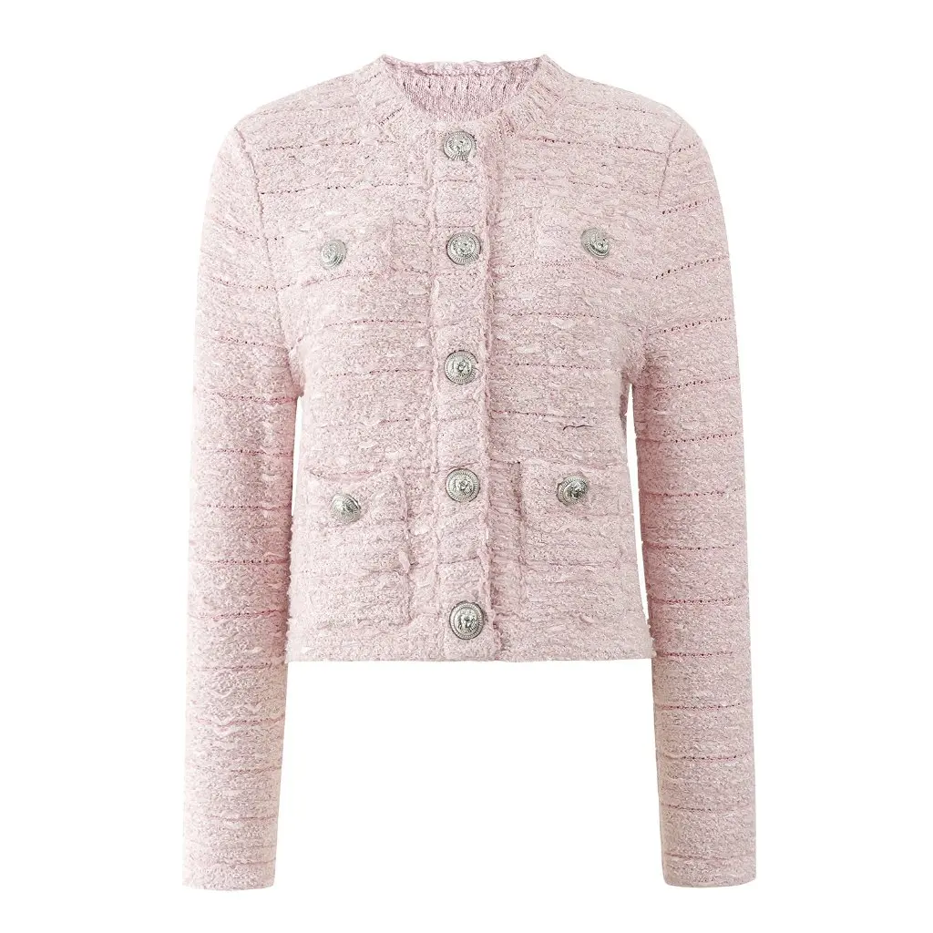French B Home Elegant Tweed Knitted Jacket for Women Long Sleeve Crewneck Metal Buckle Small Fragrant Style Autumn Winter
French B Home Elegant Tweed Knitted Jacket for Women Long Sleeve Crewneck Metal Buckle Small Fragrant Style Autumn Winter