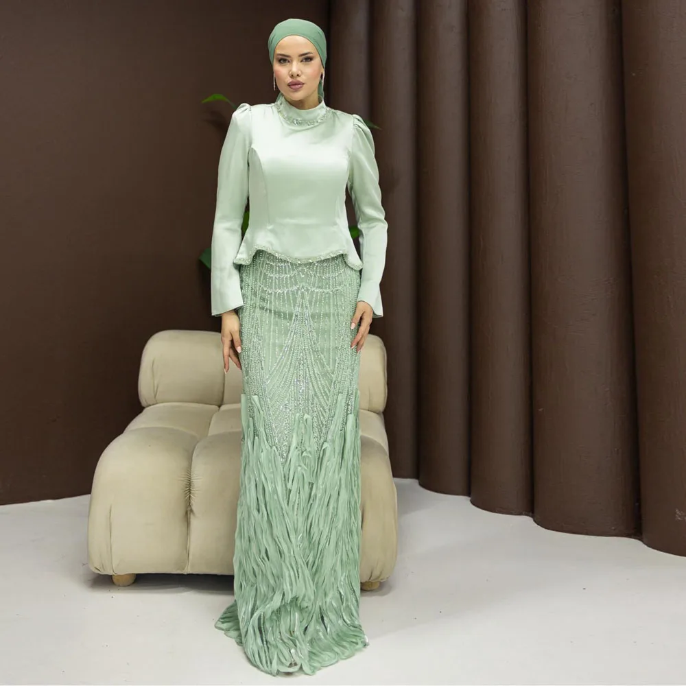 Customized Mint Green Muslim Evening Dress Sequin Embroidery Hijab Evening Gown Beaded Skirt Formal Wedding Guest Outfit
Customized Mint Green Muslim Evening Dress Sequin Embroidery Hijab Evening Gown Beaded Skirt Formal Wedding Guest Outfit