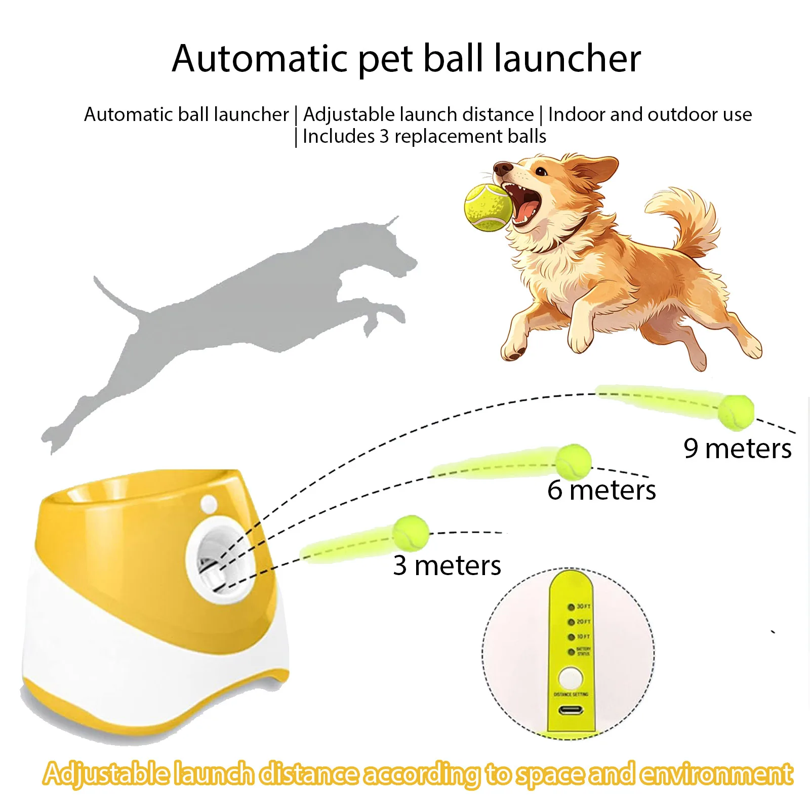 Automatic Dog Ball Launcher, Adjustable Distance Tennis Ball Thrower with 3 Balls for Indoor Outdoor Use
Automatic Dog Ball Launcher, Adjustable Distance Tennis Ball Thrower with 3 Balls for Indoor Outdoor Use