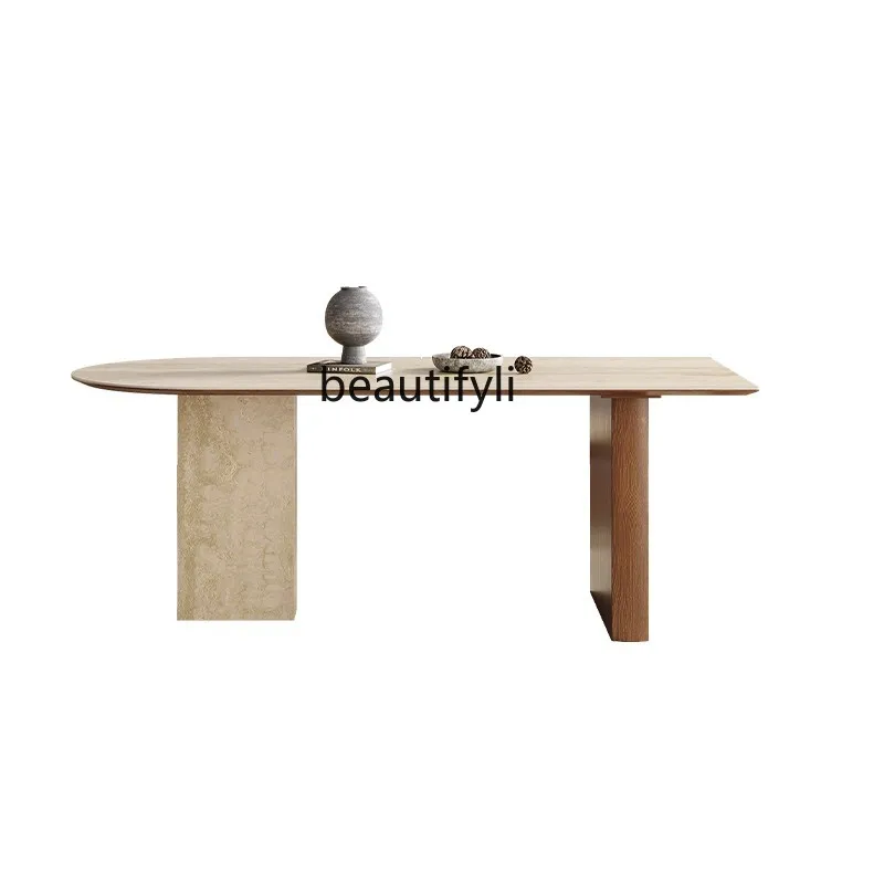 High-end solid wood slate travertine dining table retro creative semi-elliptical dining table and chair combination
High-end solid wood slate travertine dining table retro creative semi-elliptical dining table and chair combination