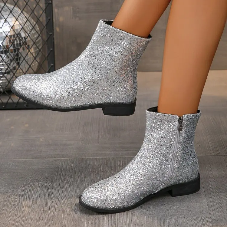 Autumn Winter Disco Party Style Women's Silver Sequin Side Zipper Short Boots, Low Heel Shiny Boots
Autumn Winter Disco Party Style Women's Silver Sequin Side Zipper Short Boots, Low Heel Shiny Boots