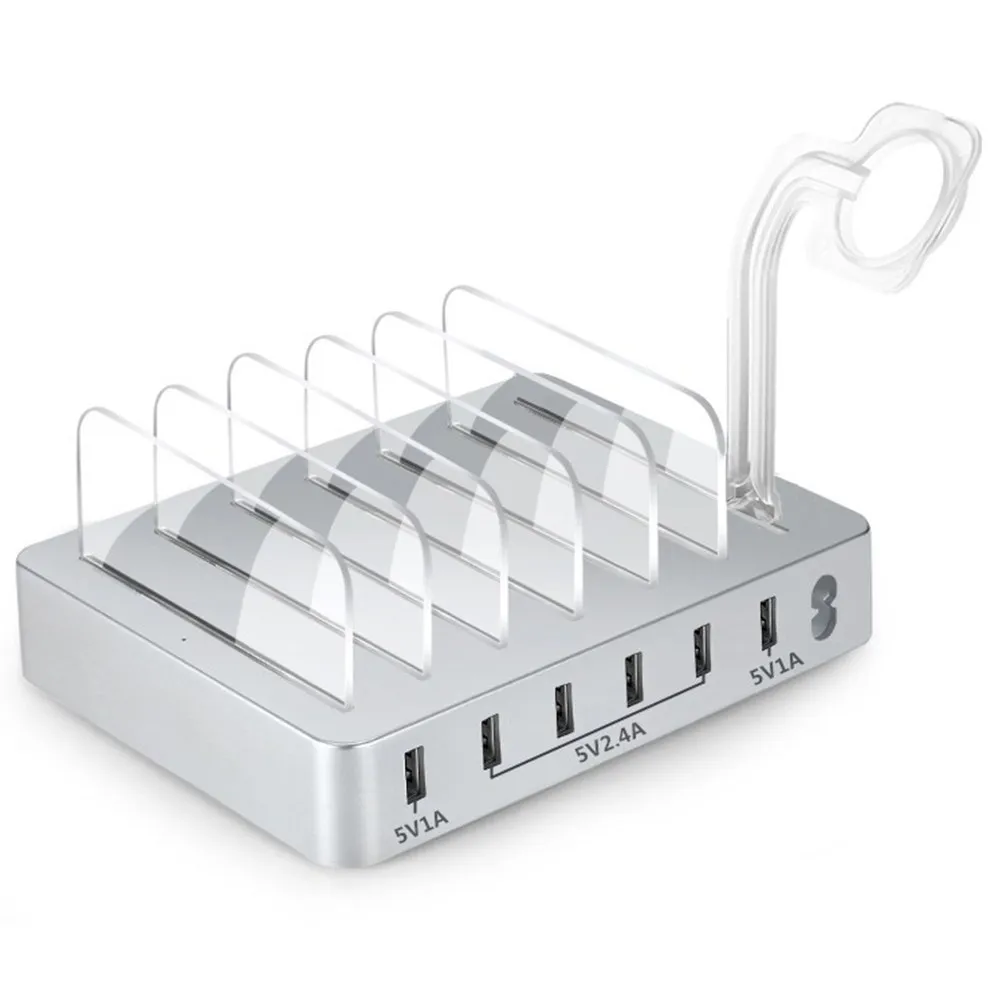 Multi-Port USB Charger Multi-Function 6- Charging Station Charging Dock with Detachable Watch Stand Plug Silver
Multi-Port USB Charger Multi-Function 6- Charging Station Charging Dock with Detachable Watch Stand Plug Silver