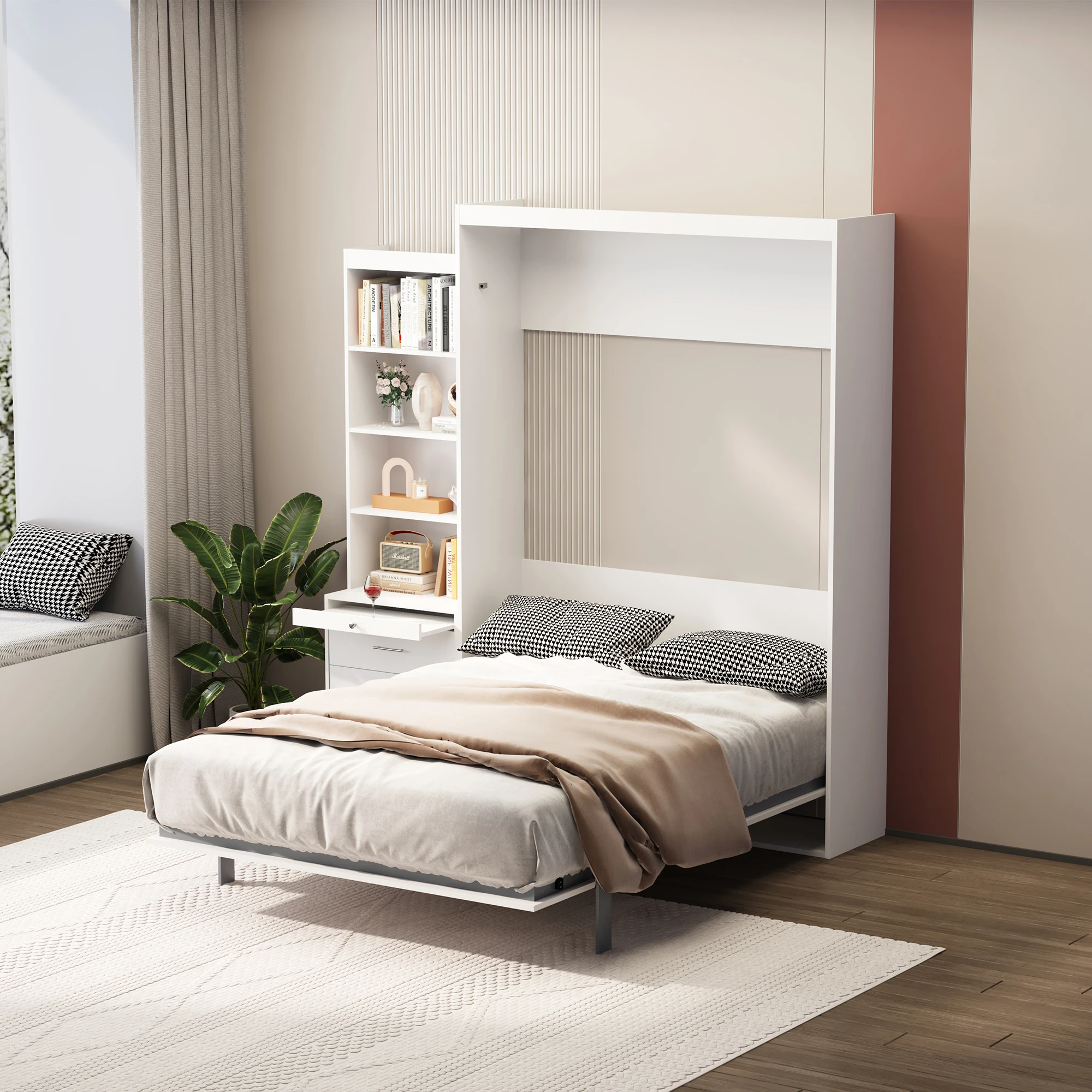 Modern Full Size Vertical Murphy Bed with Shelf and Drawers, White Wall Bed with Gas Struts 84.35x17.72x60.08 in.
Modern Full Size Vertical Murphy Bed with Shelf and Drawers, White Wall Bed with Gas Struts 84.35x17.72x60.08 in.