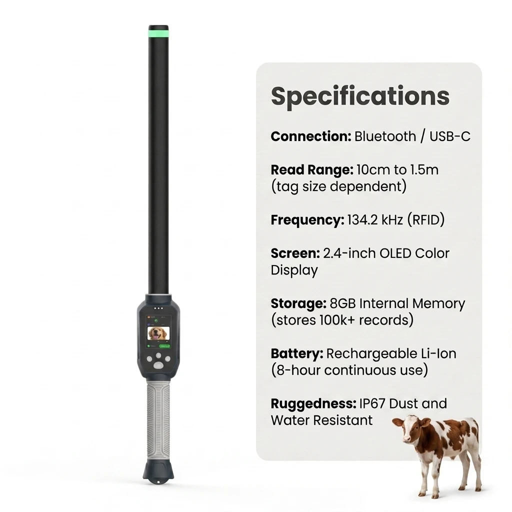 FDXB HDX Handheld RFID Scanner, ABS Material with Communication Interface for Cattle Livestock Ear Tag & Microchip Reading
FDXB HDX Handheld RFID Scanner, ABS Material with Communication Interface for Cattle Livestock Ear Tag & Microchip Reading