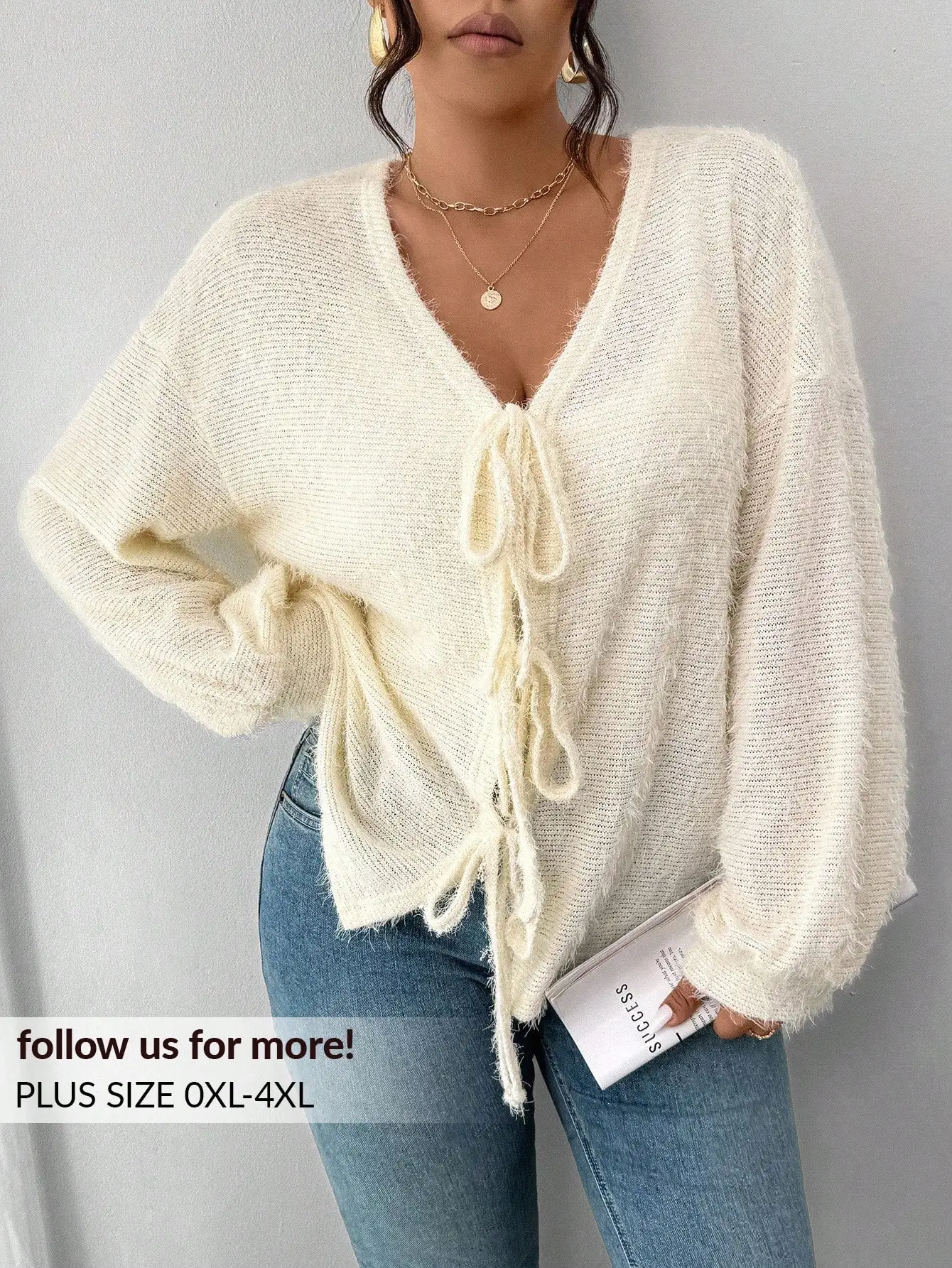 Plus Size Women's Fuzzy Knit Sweater with V-Neck & Front Tie, Casual Autumn Winter Top
Plus Size Women's Fuzzy Knit Sweater with V-Neck & Front Tie, Casual Autumn Winter Top