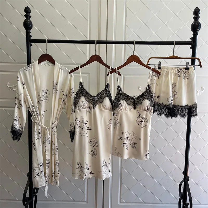 Sexy Floral Printed Satin Lace Trim Robe Nightdress Sling Shorts 4Pcs Women Homewear Intimate Lingerie Pajamas With Chest Pad
Sexy Floral Printed Satin Lace Trim Robe Nightdress Sling Shorts 4Pcs Women Homewear Intimate Lingerie Pajamas With Chest Pad