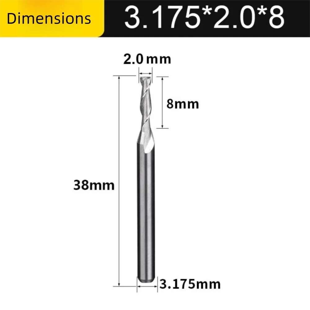 2 Flute Wood End Mill 1/8"(3.175mm) Shank Up Cut Carbide Spiral Cutters HRC45 2.0-3.175mm Engraving Tools Density Board
2 Flute Wood End Mill 1/8"(3.175mm) Shank Up Cut Carbide Spiral Cutters HRC45 2.0-3.175mm Engraving Tools Density Board
