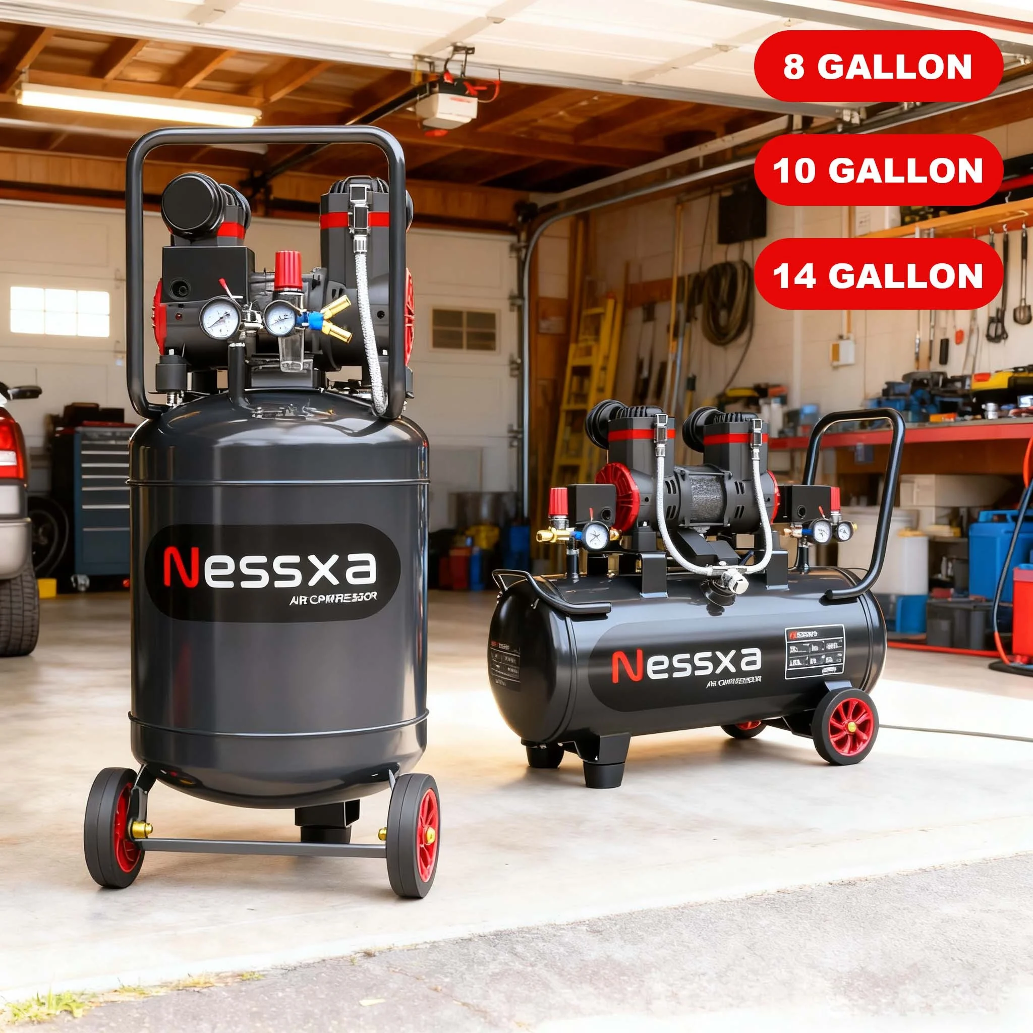 8/10/14 Gallon Ultra Quiet Air Compressor with Two Quick Couplers, 2HP 8.76 CFM@ 115PSI Oil-Free Air Compressor Tank, 110V/60Hz, Spray Painting, Woodwork Nailing
8/10/14 Gallon Ultra Quiet Air Compressor with Two Quick Couplers, 2HP 8.76 CFM@ 115PSI Oil-Free Air Compressor Tank, 110V/60Hz, Spray Painting, Woodwork Nailing
