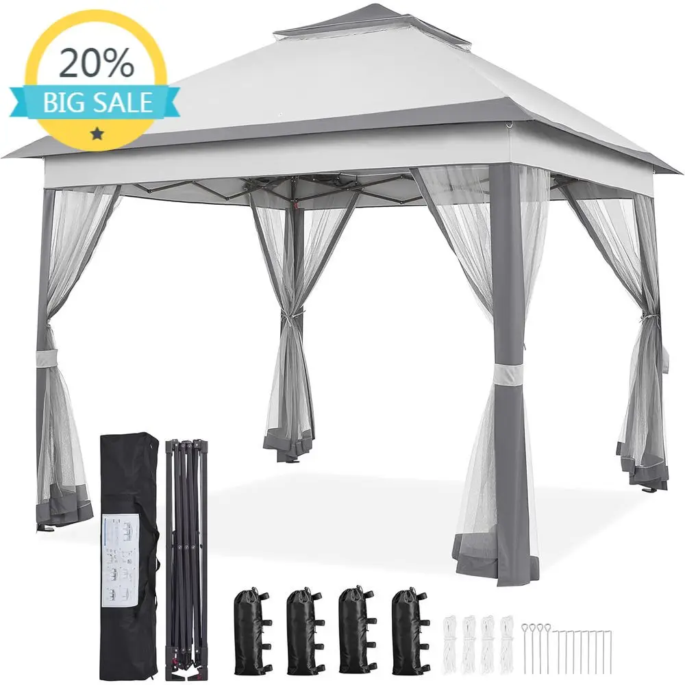 Двухуровневая уличная беседка с сеткой и мешками с песком для патио, газона и сада, серая
Двухуровневая уличная беседка с сеткой и мешками с песком для патио, газона и сада, серая