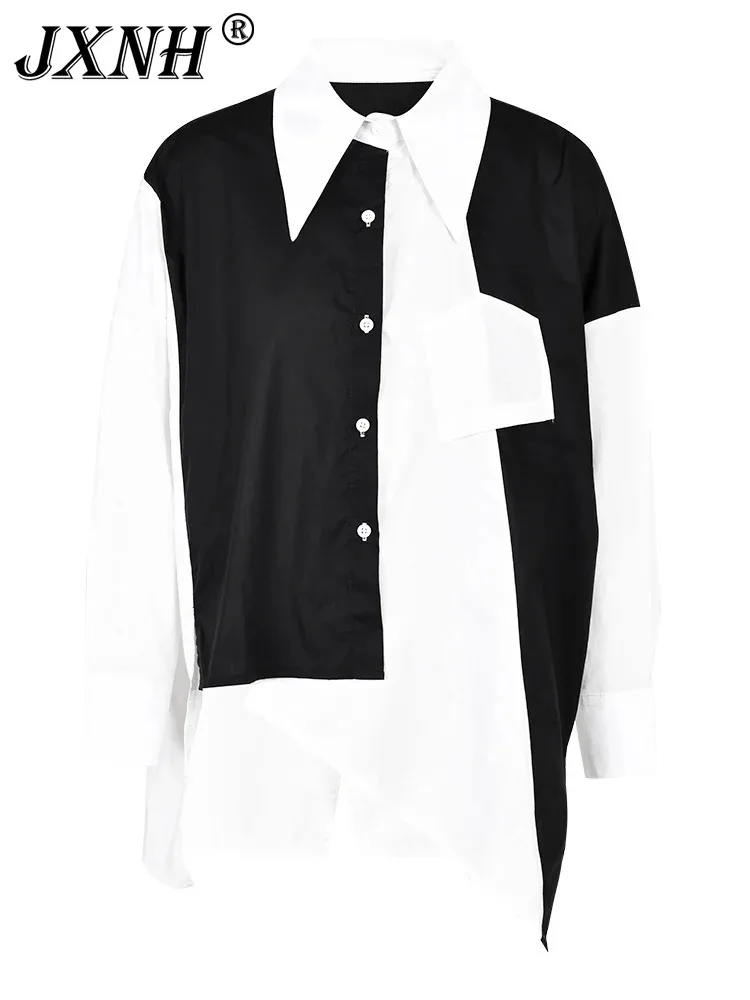 Black Color-block Irregular Blouse Women Big Size New Lapel Long Sleeve Shirt Fashion Tide Spring Autumn 2024
Black Color-block Irregular Blouse Women Big Size New Lapel Long Sleeve Shirt Fashion Tide Spring Autumn 2024