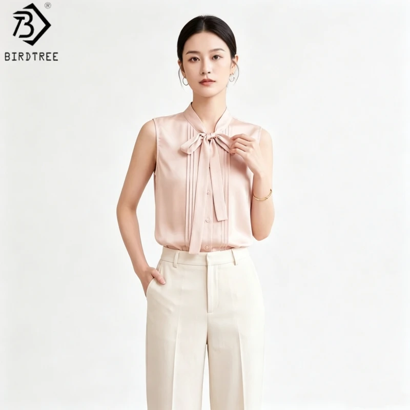 Birdtree, 93% Real Silk 7% Spandex Blouse, Ribbon Sleeveless Shirt, Women Double Qiao Satin Top, French Style, 2026 New T65737JF
Birdtree, 93% Real Silk 7% Spandex Blouse, Ribbon Sleeveless Shirt, Women Double Qiao Satin Top, French Style, 2026 New T65737JF