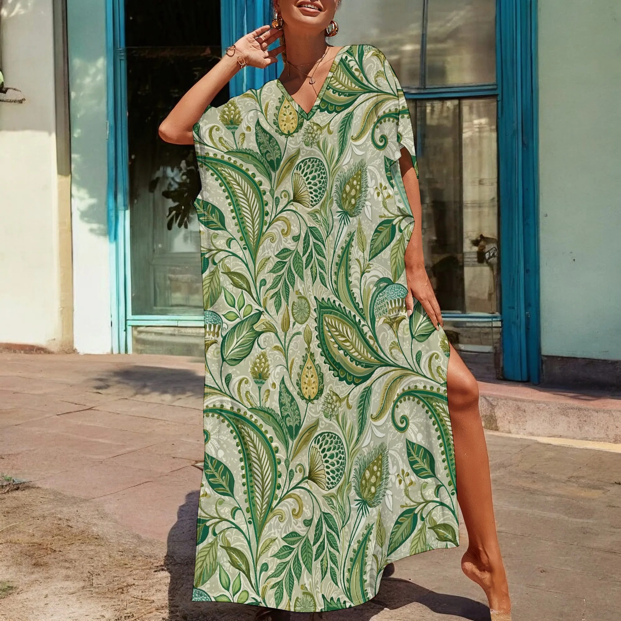Tropical Botanical Print Caftan Dress Women V-Neck Oversized Maxi Robe Natural Summer Beach Cover Up
Tropical Botanical Print Caftan Dress Women V-Neck Oversized Maxi Robe Natural Summer Beach Cover Up