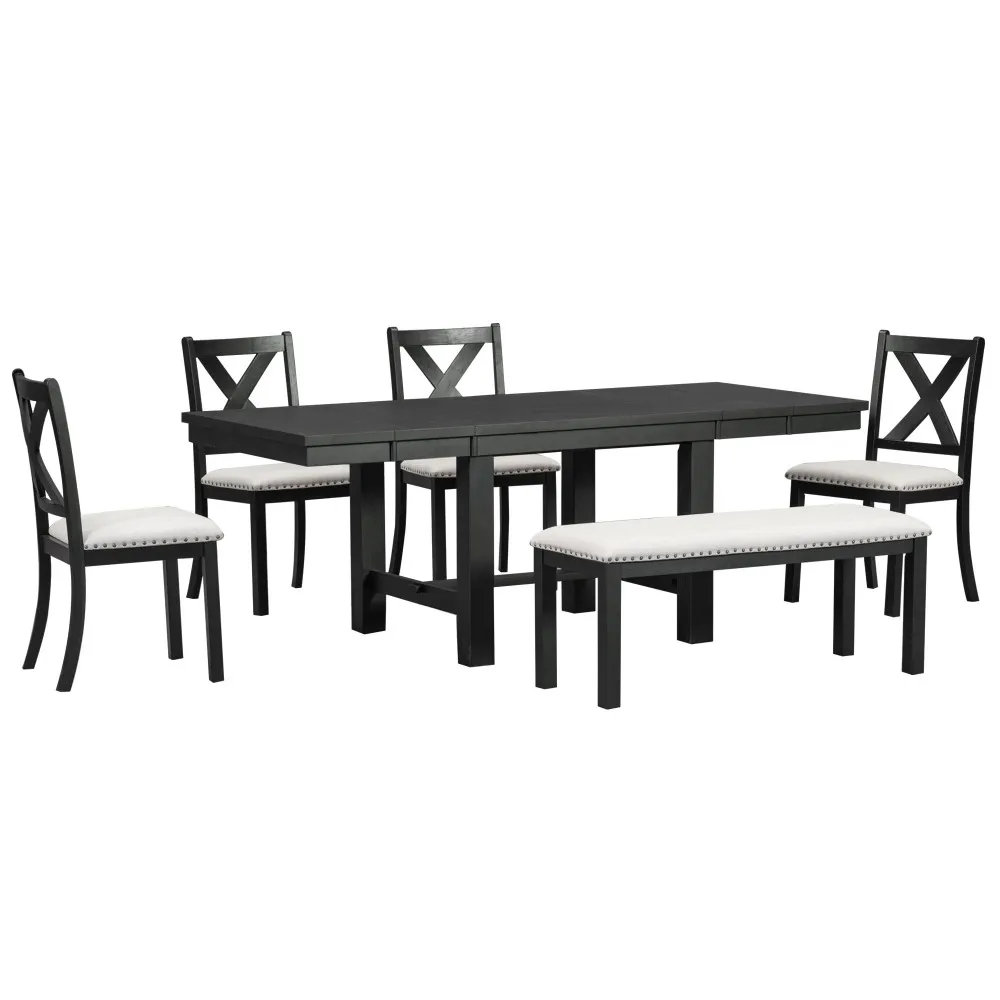 ~82inch 6-Piece Extendable Dining Table with Footrest, 4Upholstered Dining Chairs and Dining Bench, Two 11"Removable Leaf,
~82inch 6-Piece Extendable Dining Table with Footrest, 4Upholstered Dining Chairs and Dining Bench, Two 11"Removable Leaf,