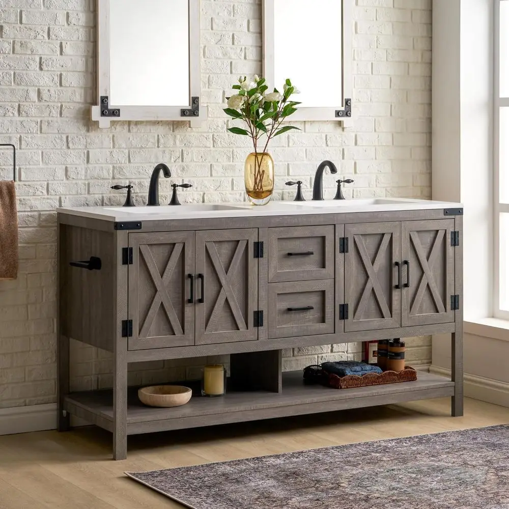 60 Double Sink Freestanding Cabinet with 2 Drawers, 4 Barn Doors & Open Shelves, Rustic Style for Master or Family Bathroom, Lig
60 Double Sink Freestanding Cabinet with 2 Drawers, 4 Barn Doors & Open Shelves, Rustic Style for Master or Family Bathroom, Lig